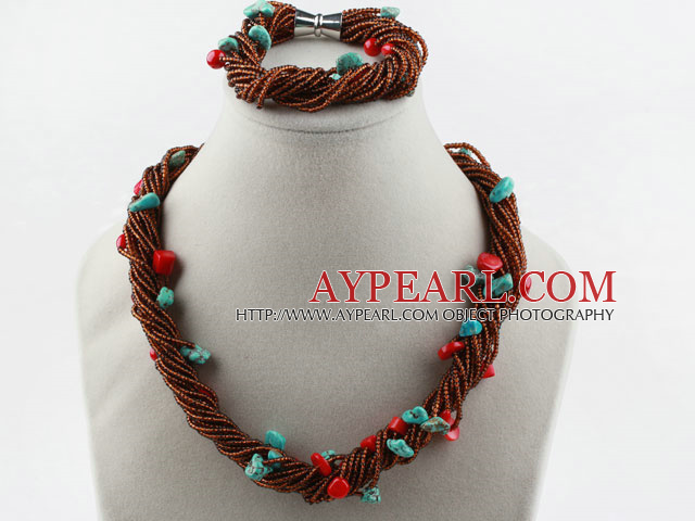 Multi Strand Coral Turkis og Glassperler Set (halskjede og matchede armbånd)