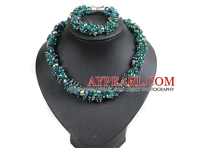 Gorgeous Black Pearl Blue With Colorful Crystal Chunky Set With Magnetic Clasp (Necklace With Matched Bracelet)