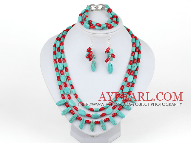 New Design Multi Strand Red Coral and Turquoise Set(Necklace Bracelet and Matched Earrings)