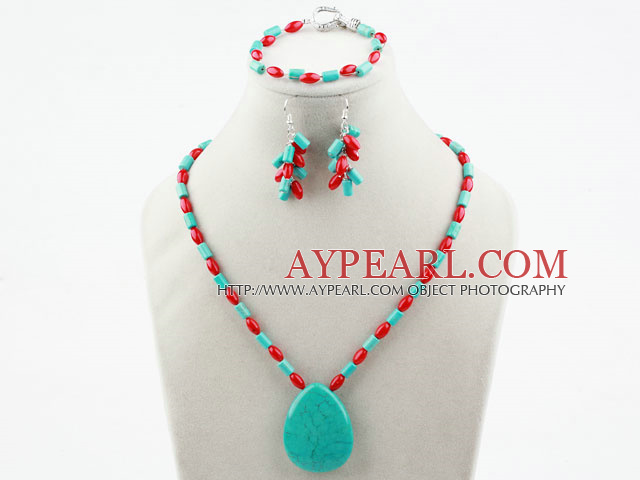 New Design Red Coral and Turquoise Set (Necklace Bracelet and Matched Earrings)