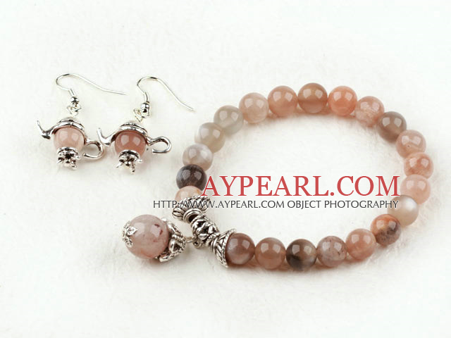 8mm Natural Sunstone Set (Beaded Elastic Bracelet and Matched Earrings)