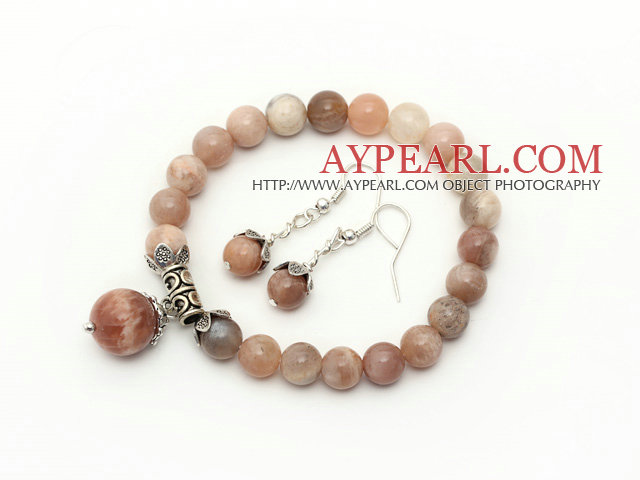 8mm A Grade Natural Sunstone Set (Beaded Elastic Bracelet and Matched Earrings)