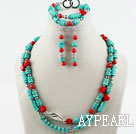 Disc Shape Turquoise and Red Coral Set (Necklace Bracelet and Matched Earrings)
