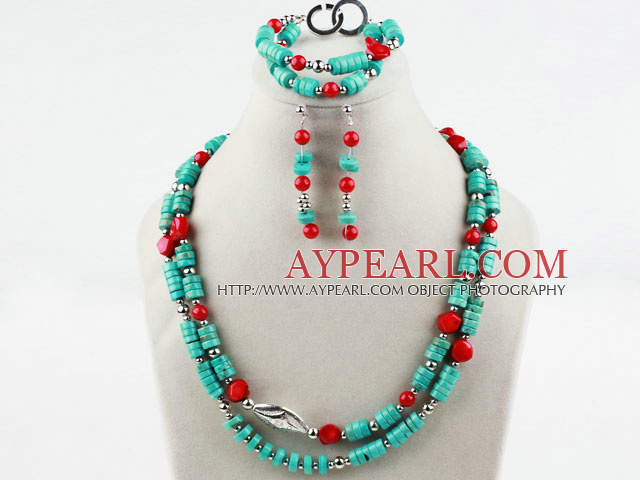 Disc Shape Turquoise and Red Coral Set (Necklace Bracelet and Matched Earrings)