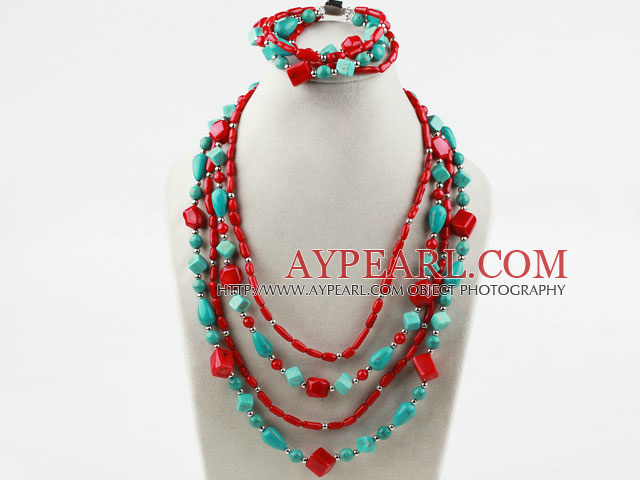 Multi Strand Assortert Turquoise og Red Coral Set (kjede og matchet armbånd)