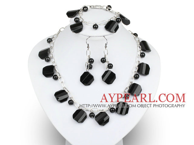 Black Agate and Black Crystal Set with Metal Chain ( Necklace Bracelet and Matched Earrings)