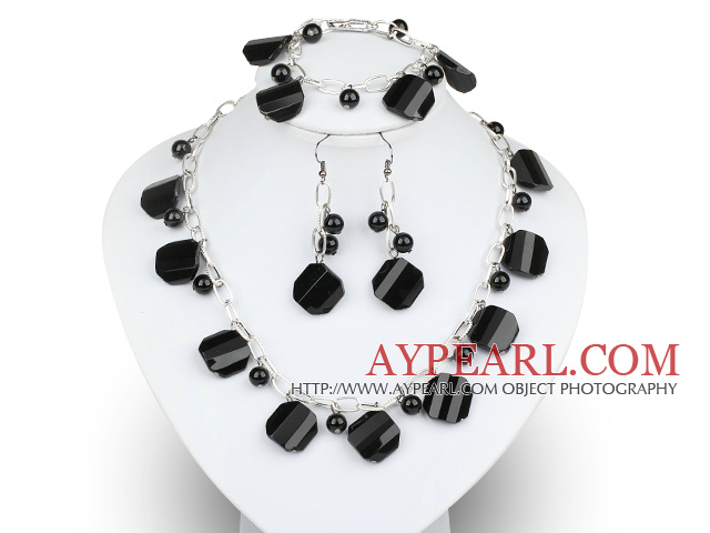 Svart Agate og Black Crystal Set med Metal Chain (kjede armbånd og matchet øredobber)