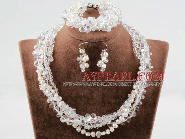 Multi Strand White Freshwater Pearl and Clear Crystal Set (Necklace Bracelet and Matched Earrings)