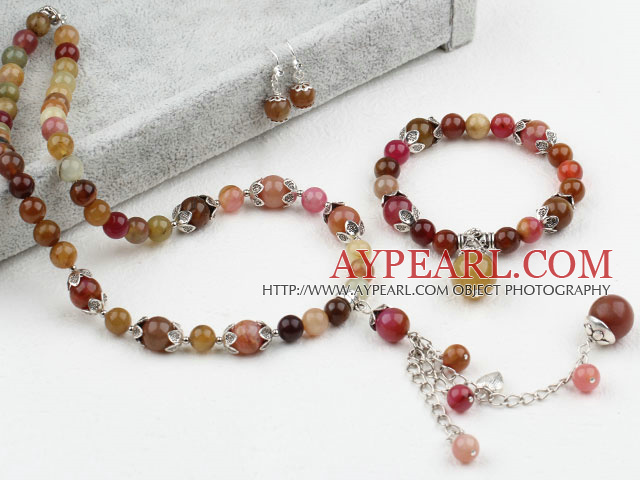 Три цветные Set Jade (браслет и ожерелье Согласованные серьги)