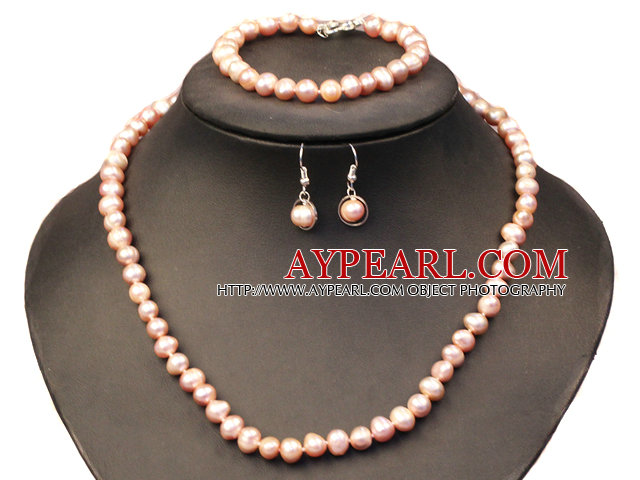 Graceful Mother Gift 7-8mm Natural Purple Freshwater Pearl Jewelry Set (Necklace, Bracelet & Earrings)