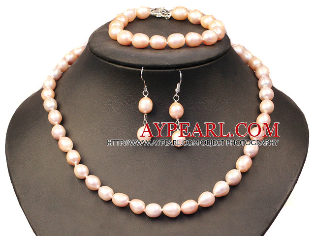 Grasiøs Mor Gift 8-9mm Natural Pink Freshwater Pearl Jewelry Set (halskjede, armbånd og øredobber)