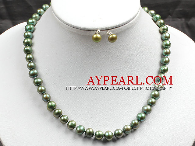 8-9mm Army Green Pearl Necklace and Matched Studs Earrings Sets