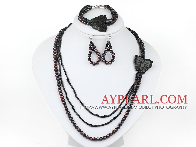 New Design Black FW Pearl und Black Stone mit Butterfly-Set (Halskette und Ohrringe Matched)