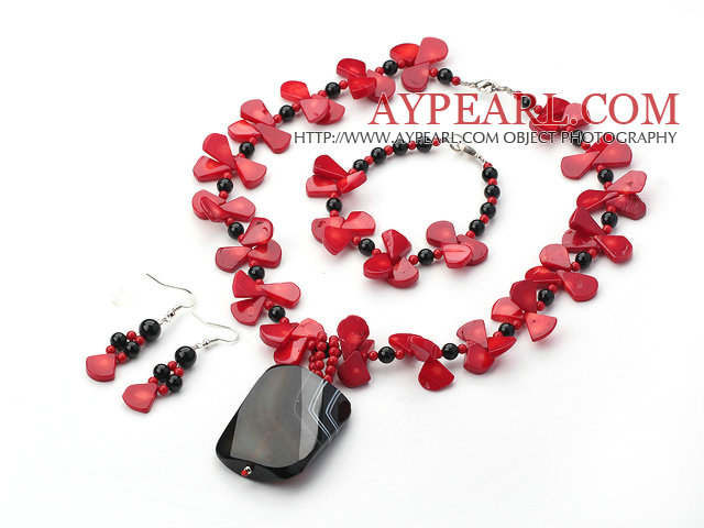 Red Coral and Black Agate Set (Necklace Bracelet and Matched Earrings)