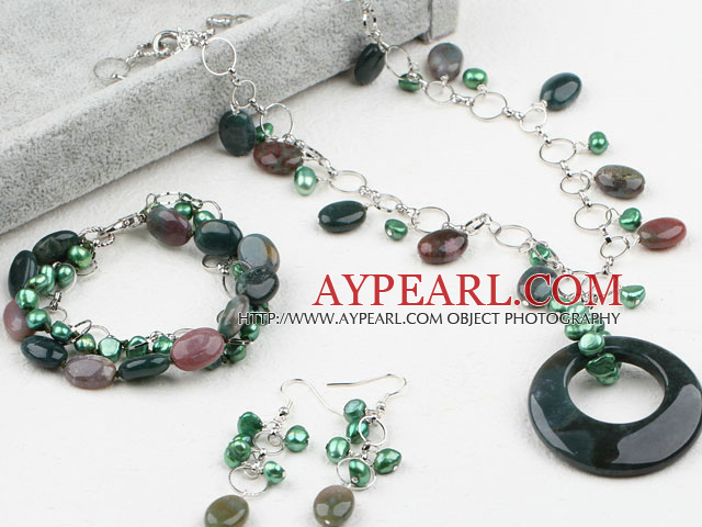 Indian Agate and Green Pearl Set (Necklace Bracelet and Matched Earrings)