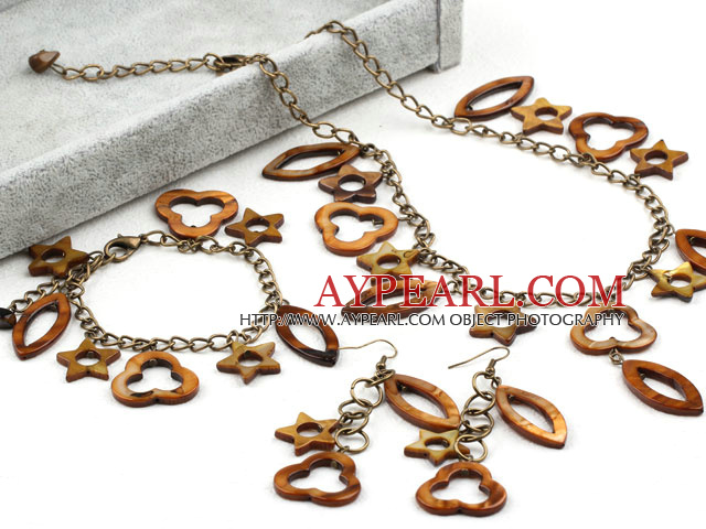 Assorted Star and Heart Shape Brown Shell Set (Necklace Bracelet and Matched Earrings)