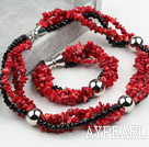 Wholesale Multi Strand Red Coral and Black Crystal Set (Necklace and Matched Bracelet)