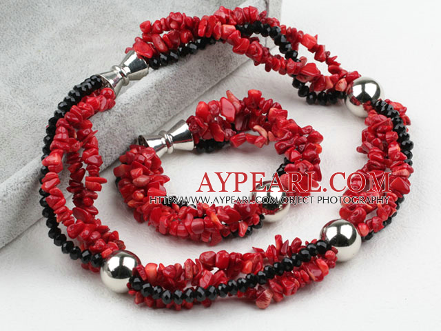Multi Strand Red Coral og Black Crystal Set (halskjede og matchet armbånd)