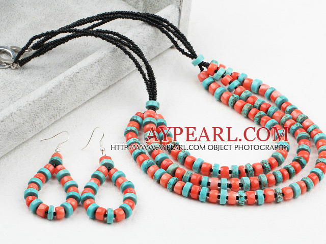 New Design Disc Shape Coral and Turquoise Set (Necklace and Matched Earrings)