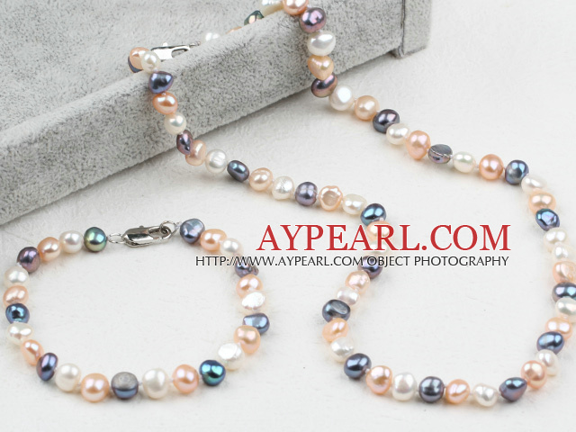 Классический дизайн Три цвета пресной воды Pearl бисера Set (ожерелье и браслет согласованный)