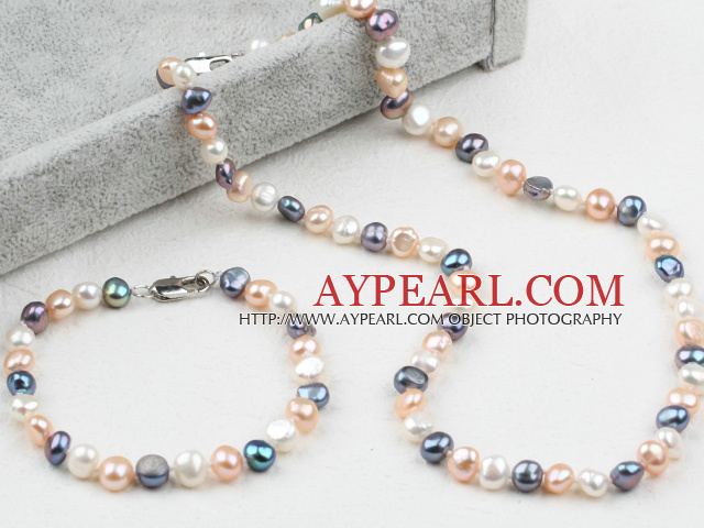 Classic Design Three Color Freshwater Pearl Beaded Set (Necklace and Matched Bracelet)
