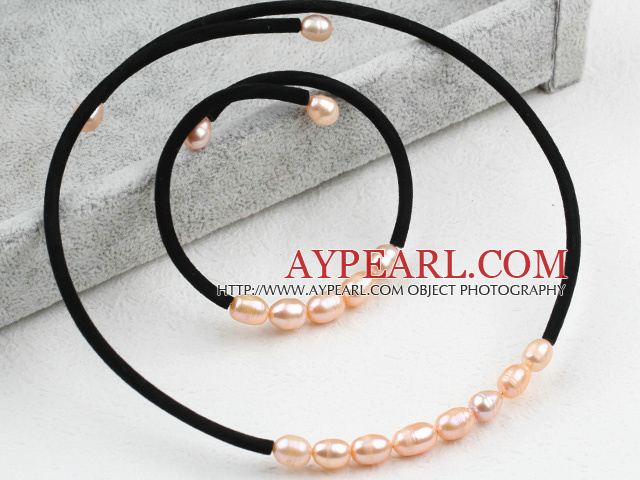 Simple Design Pink Freshwater Pearl Choker Set (Necklace and Matched Bracelet)