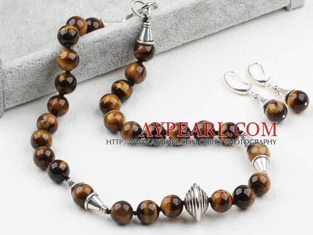 Neues Design 12mm Round Tiger Eye-Set (Halskette mit passenden Ohrringe)