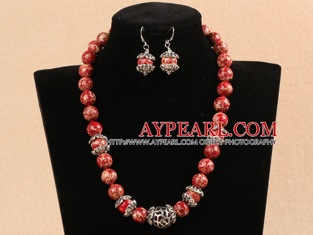 Ny design 12mm Red Imperial Jasper Set (Halsband med matchade örhängen)