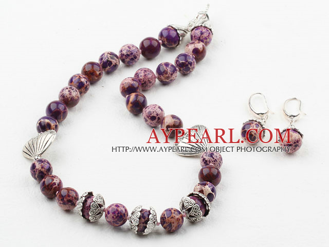 Nouveau design 12mm pourpre impériale Jasper Set (Collier et boucles d'oreilles appariées)