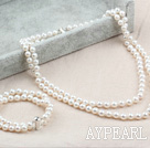 Två Strands En Grade runda vita sötvatten Pearl Set (Beade Halsband och pärlstav armband med Silver Lås)