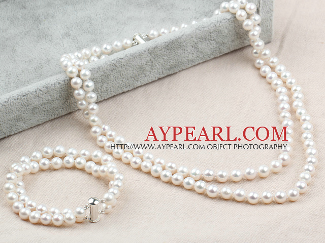 Two Strands A Grade Round White Freshwater Pearl Set (Beade Necklace and Beaded Bracelet with Silver Clasp)
