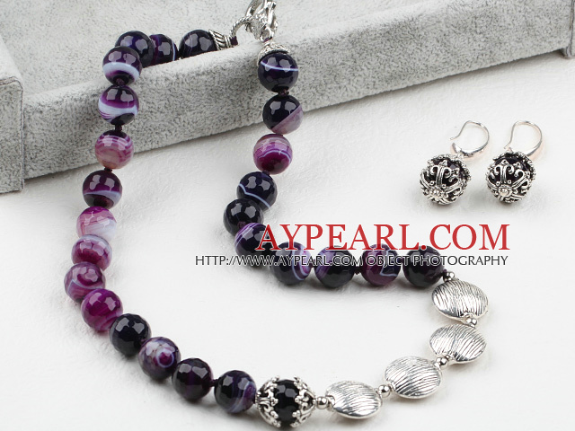 Faceted Brasilia Stripe Purple Akaatti Set (kaulakoru ja Vastaavat korvakorut)