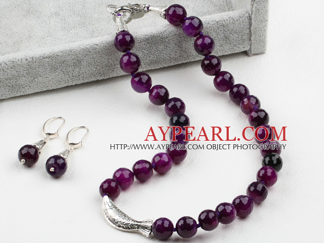 12мм Грановитой Фиолетовый Набор Агат (ожерелье и серьги согласованный)
