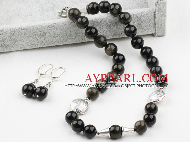 12mm Natürliche Obsidian-Set (Halskette und Ohrringe Matched)