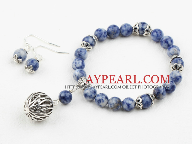 Simple Design Blue Spot Stone Set ( Elastic Bracelet and Matched Earrings )