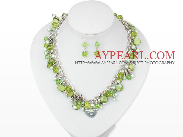 dyed pearl crystal and shell metal chain necklace with matched earrings