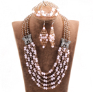 Glamorous 5 Layers Cute Pink Light Brown Crystal Beads African Wedding Jewelry Set With Butterfly Accessory (Necklace With Mathced Bracelet And Earrings)