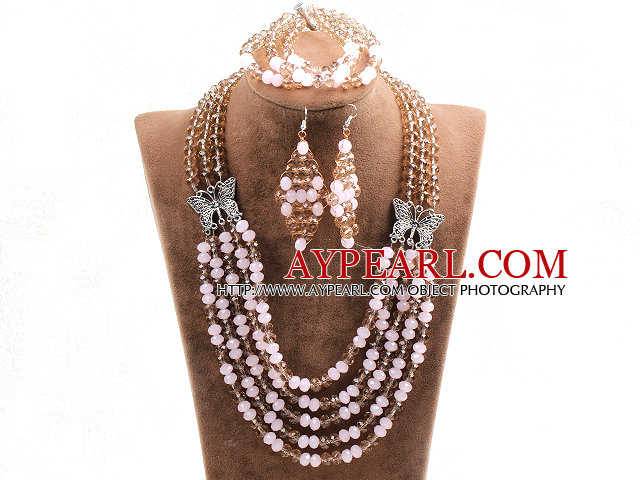 Glamorous 5 Layers Cute Pink Light Brown Crystal Beads African Wedding Jewelry Set With Butterfly Accessory (Necklace With Mathced Bracelet And Earrings)