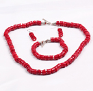 Simple Style Disc Shape Red Coral Beads Jewelry Set(Necklace With Matched Bracelet And Earrings)