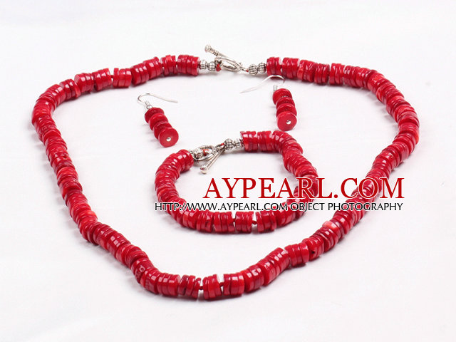 Simple Style Disc Shape Red Coral Beads Jewelry Set(Necklace With Matched Bracelet And Earrings)