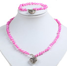 Classic Simple Design Potato Shape Bright Pink Pearl Necklace & Bracelet Set With Heart Charm