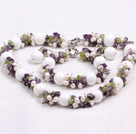 Wholesale Gorgeous Summer Cluster Natural White Pearl Amethyst Olivine And Big White Porcelian Stone Beads Jewelry Set (Necklace With Matched Barcelet And Earrings)