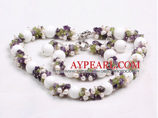 Gorgeous Summer Cluster Natural White Pearl Amethyst Olivine And Big White Porcelian Stone Beads Jewelry Set (Necklace With Matched Barcelet And Earrings)