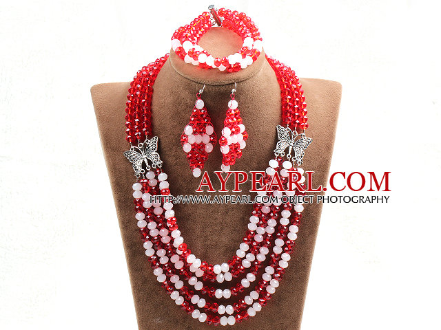 Glamorous 5 Layers Cute Pink Red Crystal Beads African Wedding Jewelry Set With Butterfly Accessory (Necklace With Mathced Bracelet And Earrings)