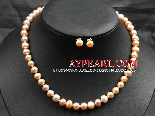 7-8mm Pink Color Pearl Necklace and Matched Studs Earrings Sets