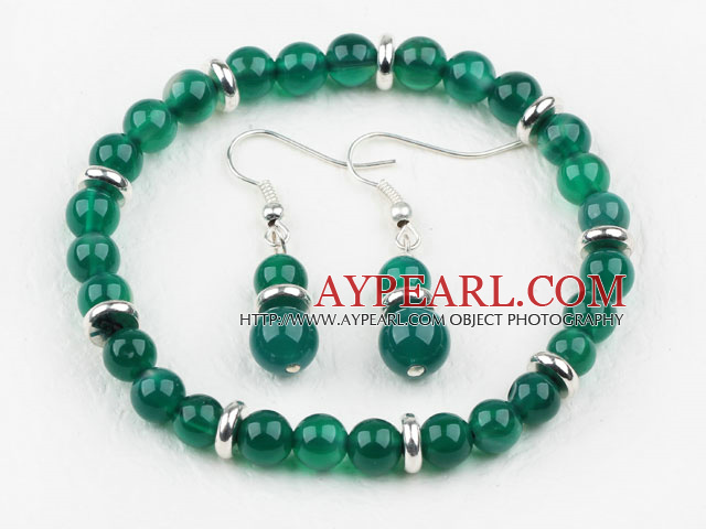 Klassisk design rund grön Agat Elastisk pärlstav Armband med matchade örhängen