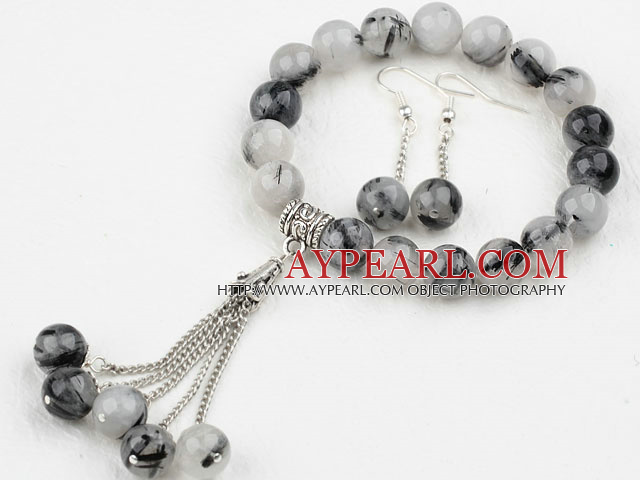 Classique ronde Black Design rutile Quartz Bracelet élastique en perles et boucles d'oreilles appariées