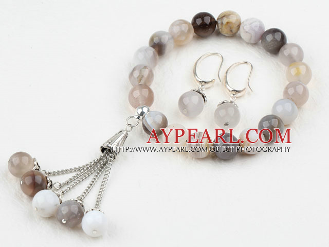 Classic Design Round Gray Agate Elastic Beaded Bracelet with Matched Earrings