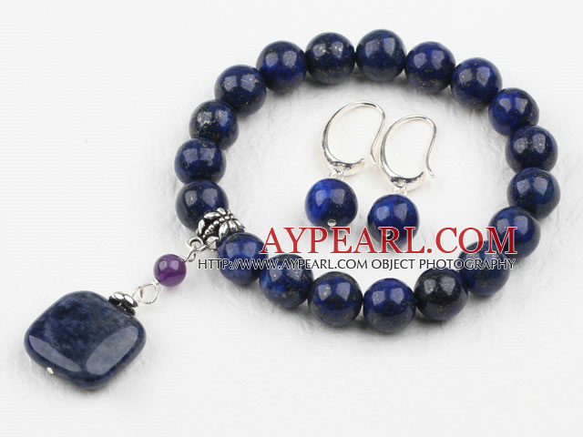 Classic Design Round Lapis Elastic Beaded Bracelet with Matched Earrings