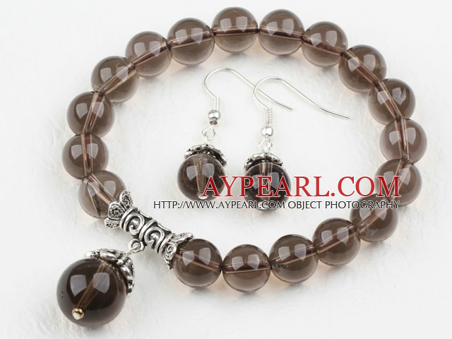 Classic Design ronde naturelle quartz fumé bracelet élastique en perles et boucles d'oreilles appariées